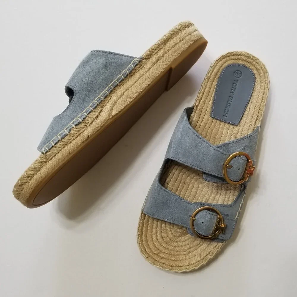 NWOB Tory‎ Burch Selby Two-Band Espadrille Slide Sandal in Blue Calla